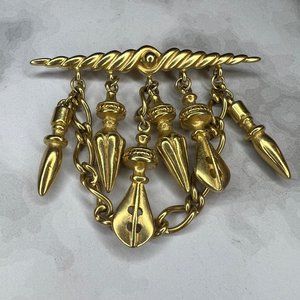 Heavy Satin Gold Tone Chain Dangle Costume Bar Brooch Signed FO